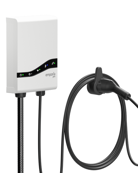 White Emporia Pro Level 2 EV Charger with J1772 charging connector